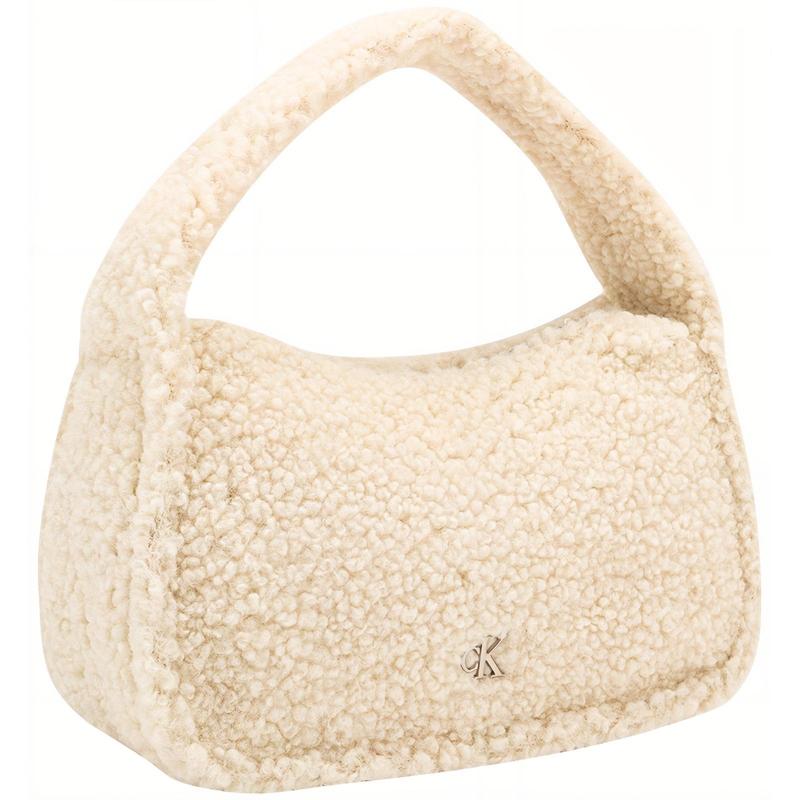 Calvin Klein Trendy retro imitation sherpa metal letters, fashionable and cute, fabric handbag, medium size, women's cream white PAS-cream white