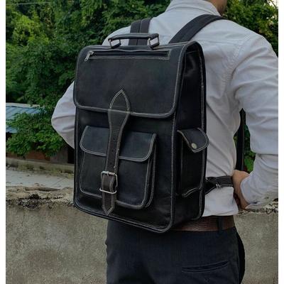 Black Handmade Goat Leather Travel Casual Laptop Messenger Backpack Shoulder Bag