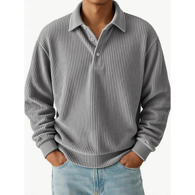 Autumn Winter Men's Retro Polos Casual Corduroy Solid Striped Long Sleeve Polo Shirt Men Business Tops