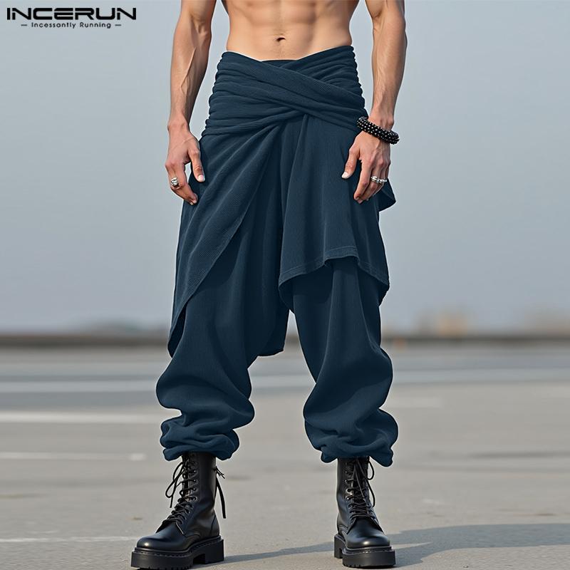 INCERUN Autumn Men Casual Elastic Waist Ruffled Irregular Corduroy Harem Pants Trousers