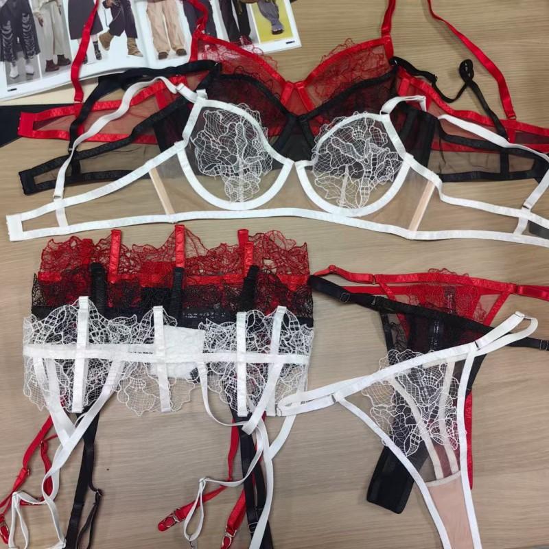 Spitzen-Netz-Set Damen Dünner Transparenter BH Strumpfhalter Tanga 3-teilige Dessous in Schwarz Weiß Rot