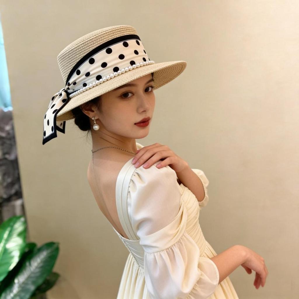 Elegant Lady Cowboy Straw Hat with Polka Dot Ribbon and Wide Brim for Women