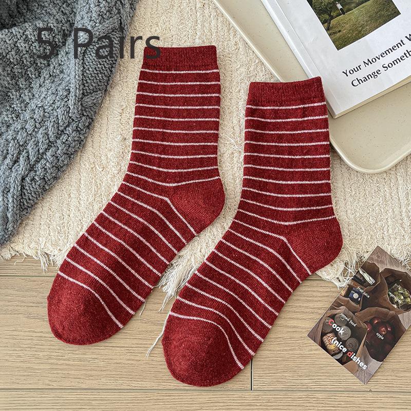 5 Pairs of Female Autumn and Winter Color Stripes In The Tube Warm Pile Socks
