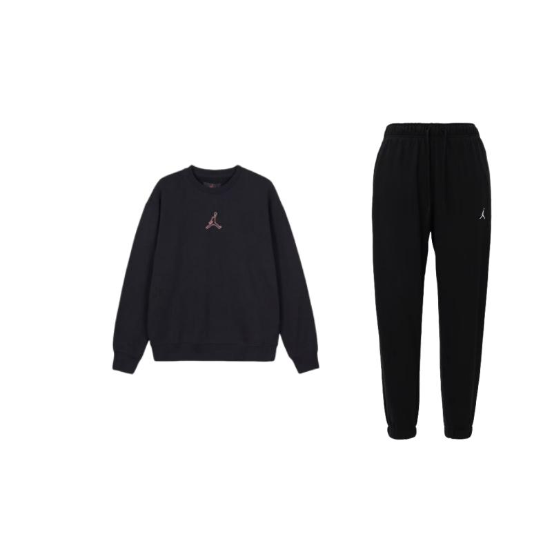 

Jordan Solid Color Crew Neck Pullover Long Sleeve High Waist Tied Pants Casual Sports Suit Men suit Black FV8609-010+FV4018-010 M
