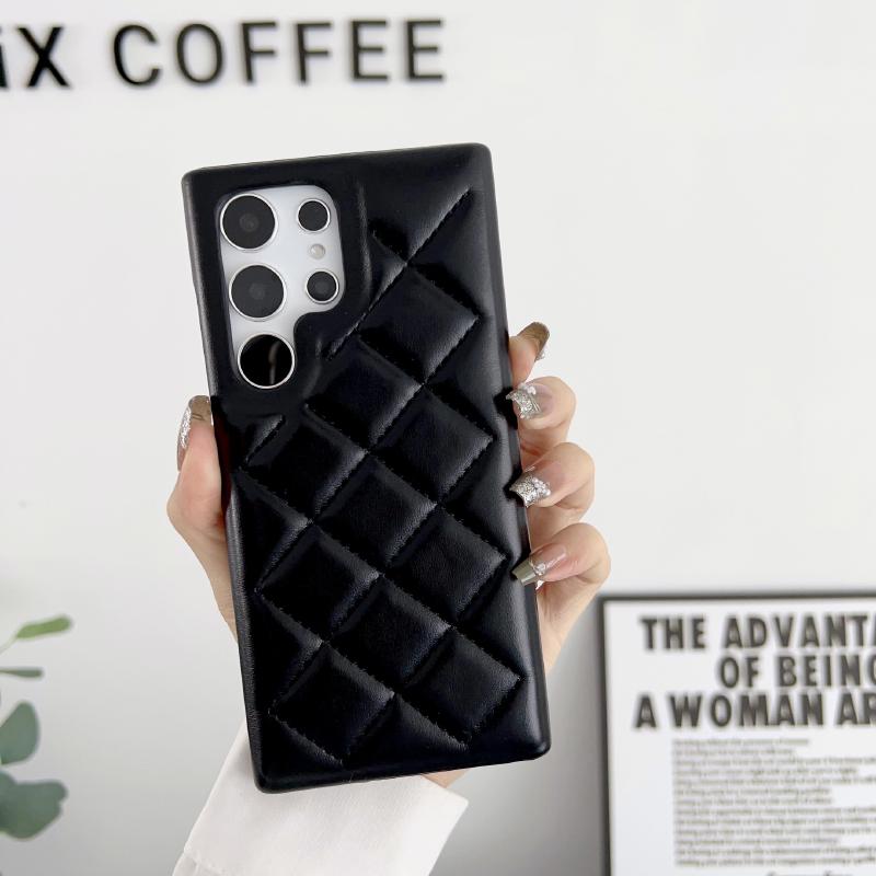 Luxury Solid Color Leather Rhombus Up and Down No Bordered Phone Case For Samsung S25 Ultra S23 S24 Ultra Plus Bumper Back Cover
