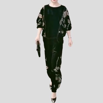 2pcs Pants Suit Autumn Women's  Plus-size Velvet Printed Blouse High-waist Velvet Harem Pants Two-piece Set
