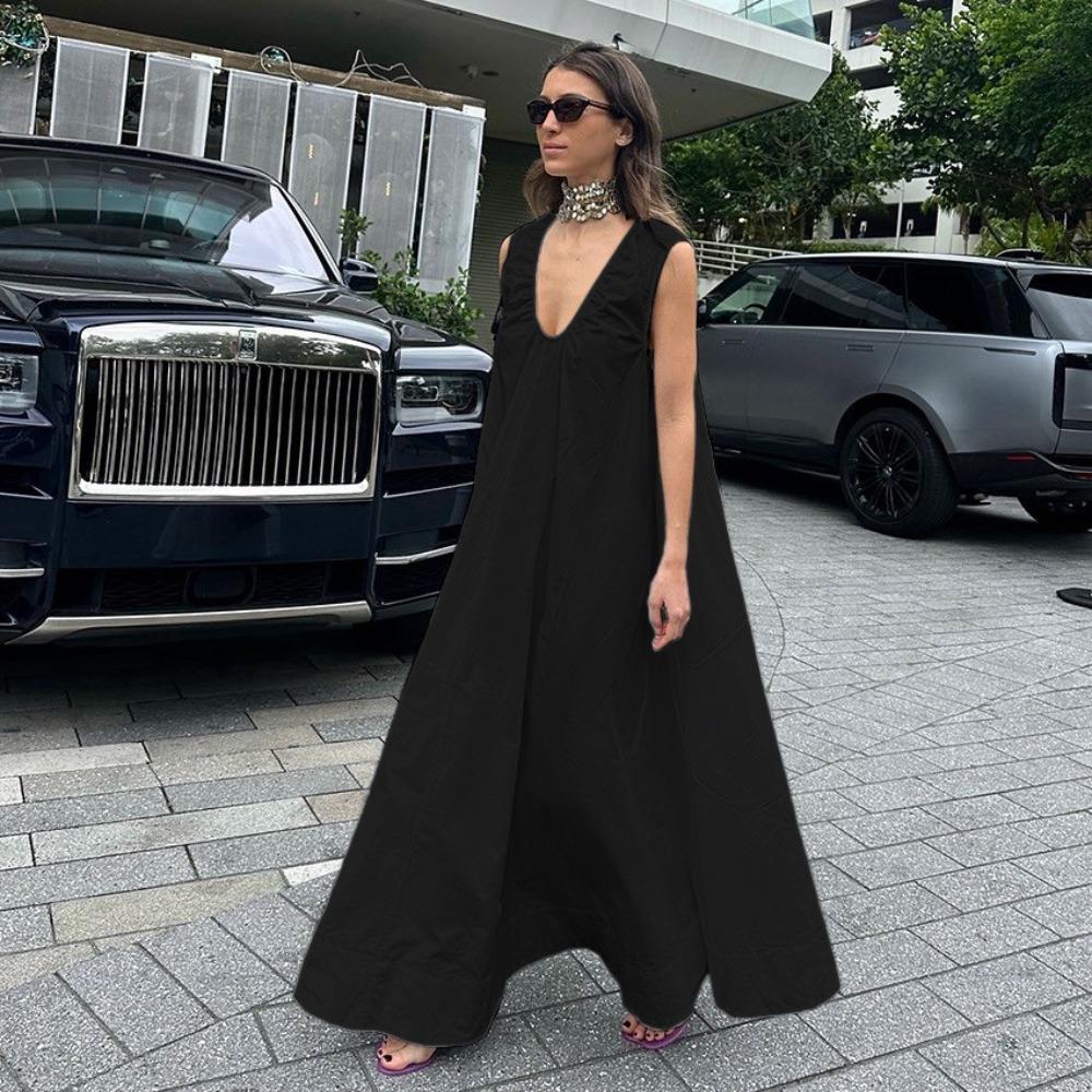 Women's U Neck Sleeveless Maxi Dress Loose Wide Waist Casual Solid Viscose Linen Blend A Line Vacation Dress