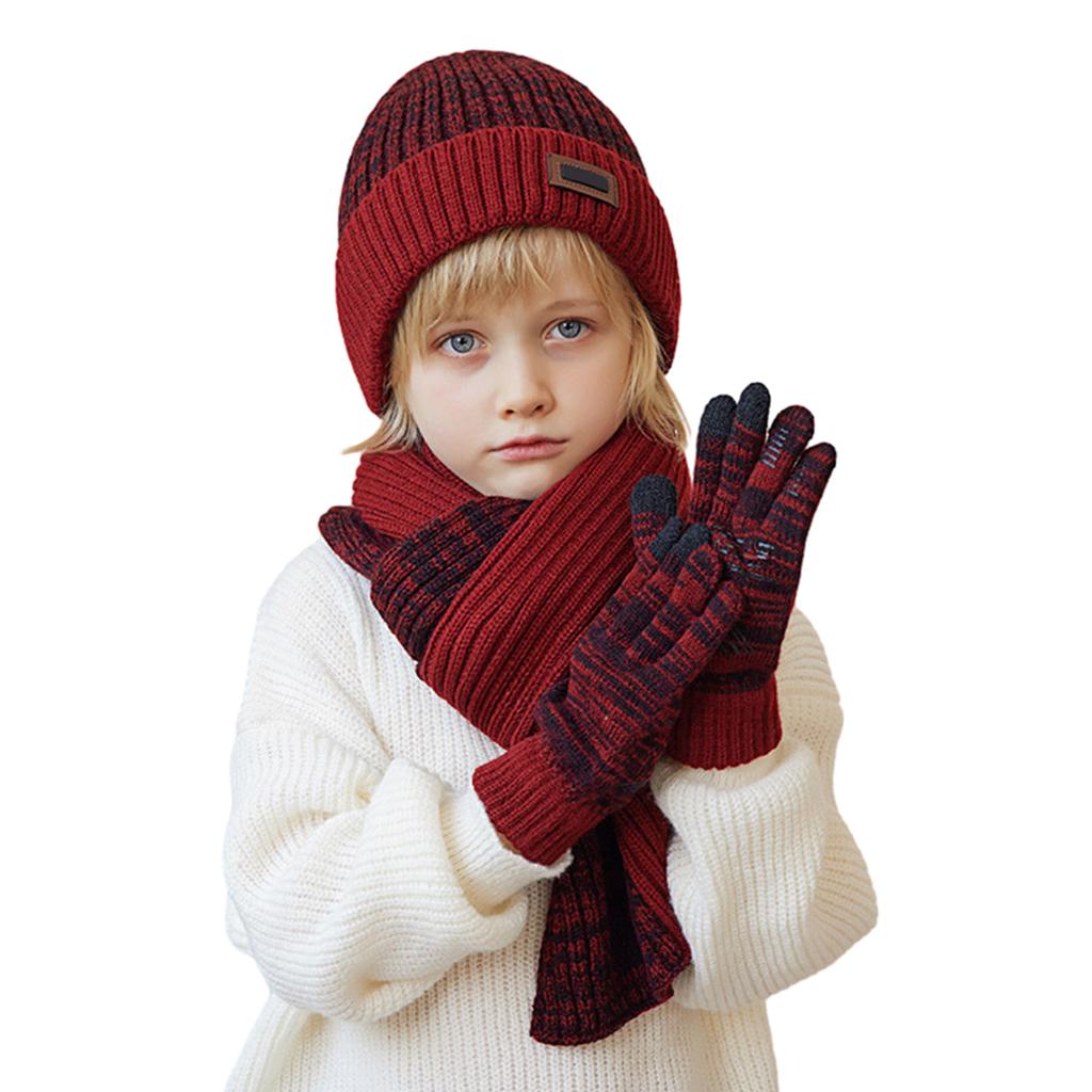 3pcs Children's Soft Knitted Hats Scarf Gloves Set Windproof Warming Kid Three Piece Set Beanie For Outdoors School Sports