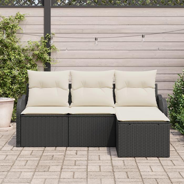 Ensemble de Canapés de Jardin 4 Pièces avec Coussins Noir Rattan Poly, Canapé de Jardin 2 Places avec Coussins Noir Rattan 3345647