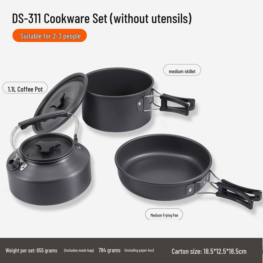 Outdoor Cookware Set DS311: 2-3 Person Portable Picnic Set with 1.1L Teapot and Tableware Accessories