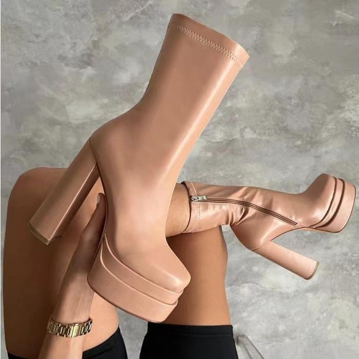 

Новая европейская и американская женская обувь осень и зима двойная водонепроницаемая кожаная поверхность ультравысокий толстый каблук короткие женские ботинки квадратный носок 39