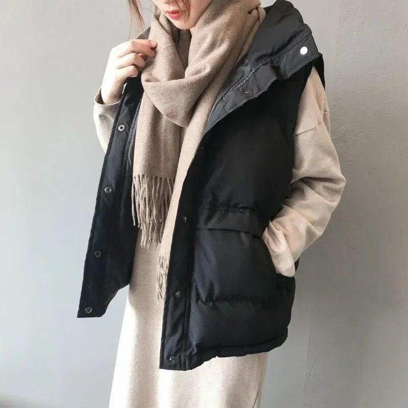 Off White Daunen-Baumwollweste für Damen, kurz, Stehkragen, ärmellos, warm, locker, einfarbig, einfach, lässig, Pendeln, Herbst und Winter