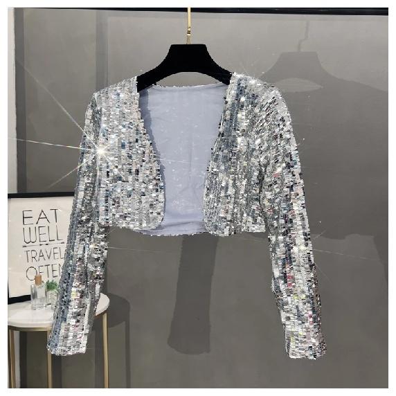 Small suit women's 2024 new heavy industry sequined temperament cardigan casual short sparkling typhoon jacket top