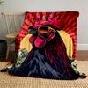 A stylized rooster with sunglasses, money, and bold sunburst background. for all seasons blanket lunch break throw gift