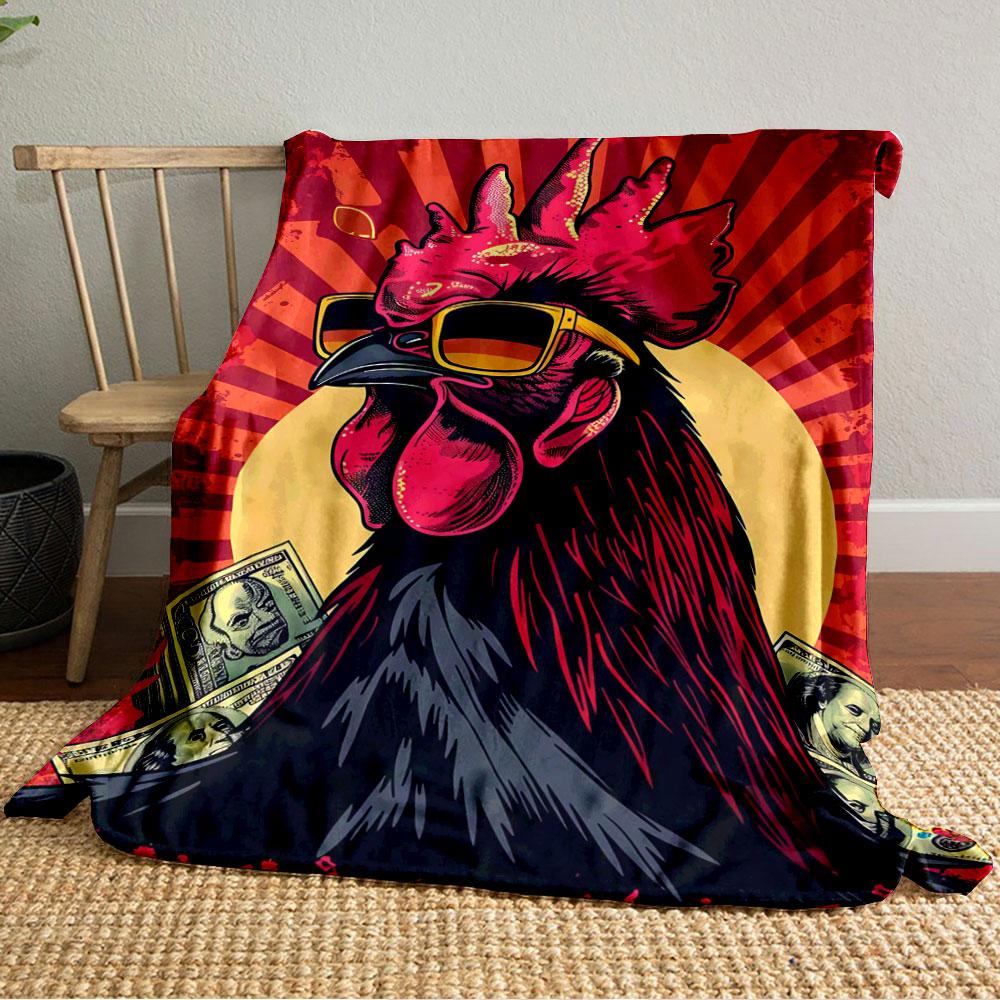 A stylized rooster with sunglasses, money, and bold sunburst background. for all seasons blanket lunch break throw gift