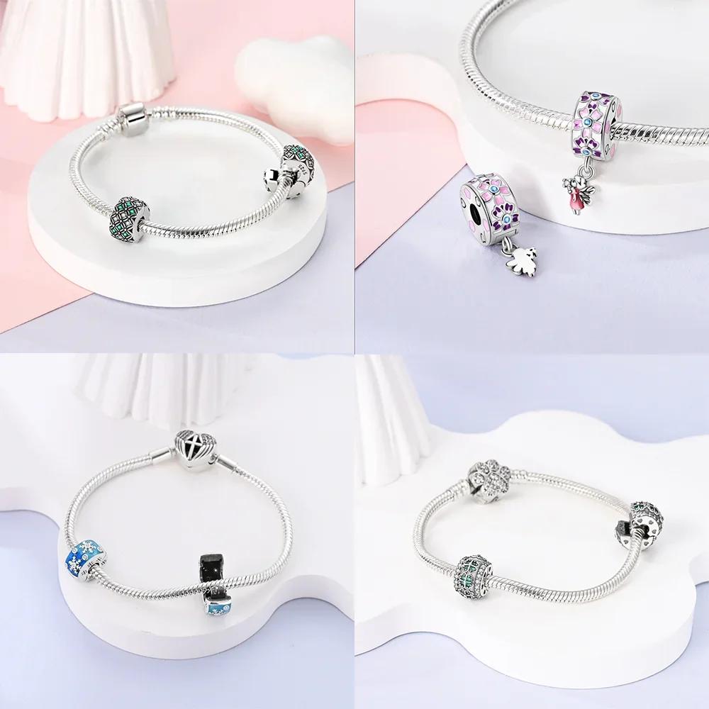 Classic Genuine Copper Four-Leaf Clover Pink Zircon Snowflake Lock Heart Bead Fits Bracelets Jewellery Do-It-Yourself Gifts Accessory