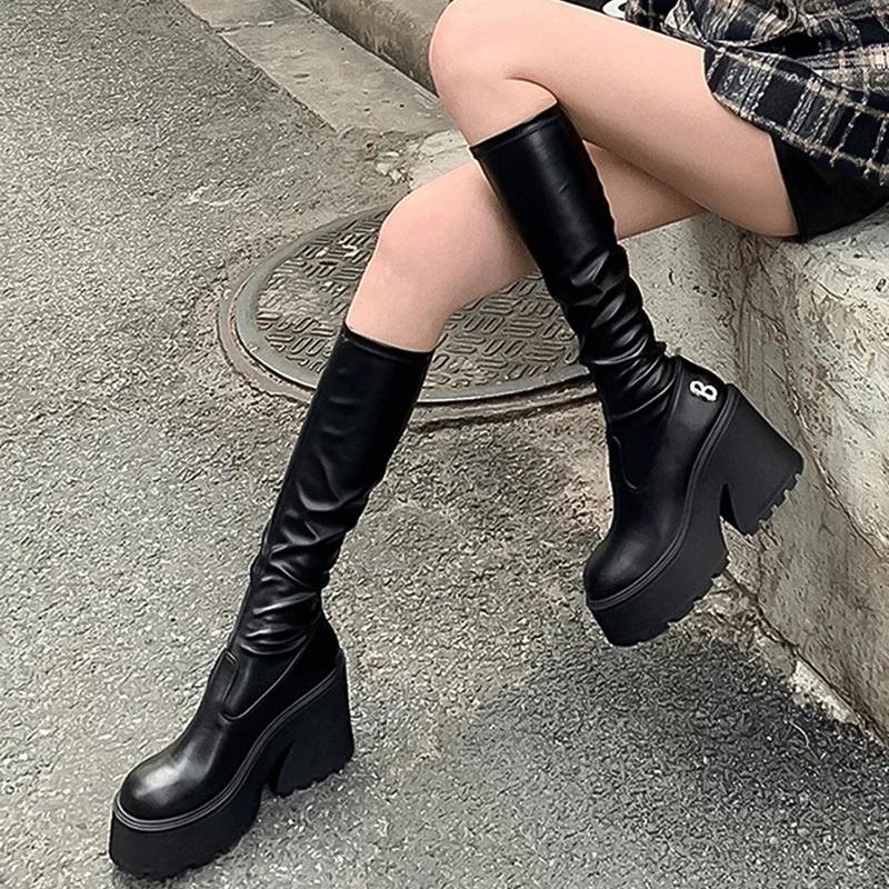 Fashion Punk Style Platform Women Long Boots Fashion Elegant Square High Heel Shoes Autumn Winter Women's Morder Long Booties