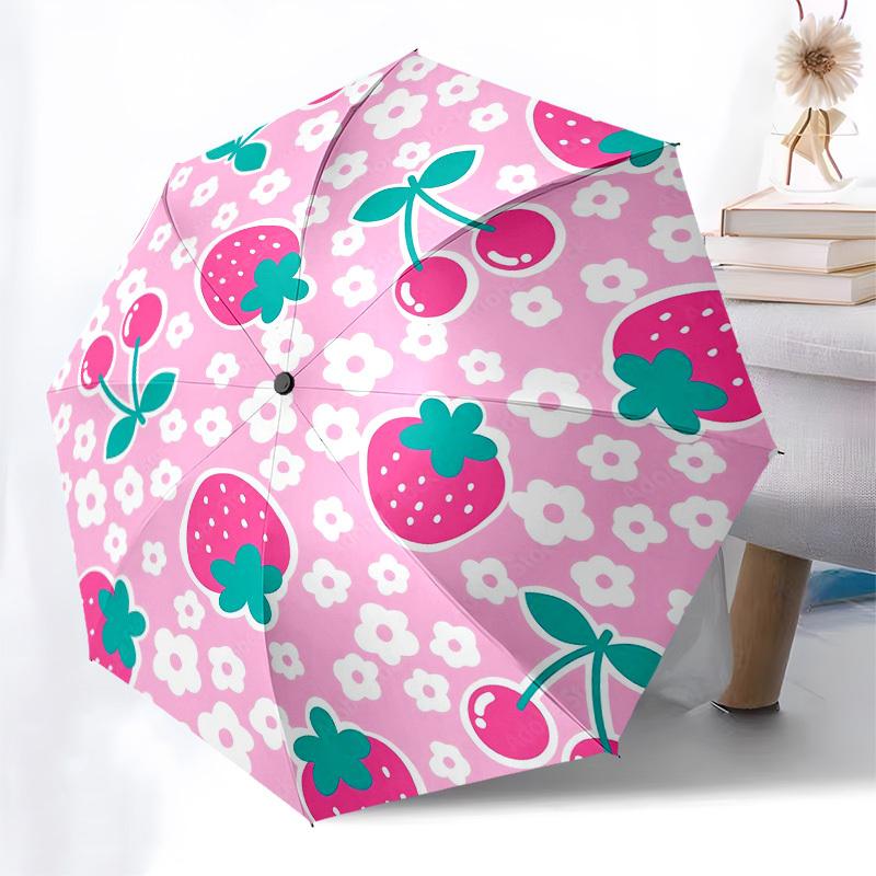 1pc Strawberry Cherry Floral Pattern Umbrella with Plastic Handle,Compact & Stylish,Cartoon Pattern,Outdoor UmbrellaPT352