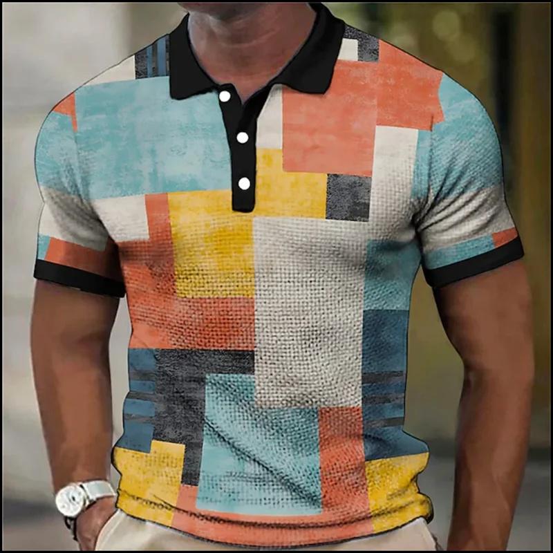 Vintage Colorful Grid 3D Printed POLO Shirt Men's Casual Gentleman Short-sleeved Top Outdoor Casual Men's and Women's Polo Shirt