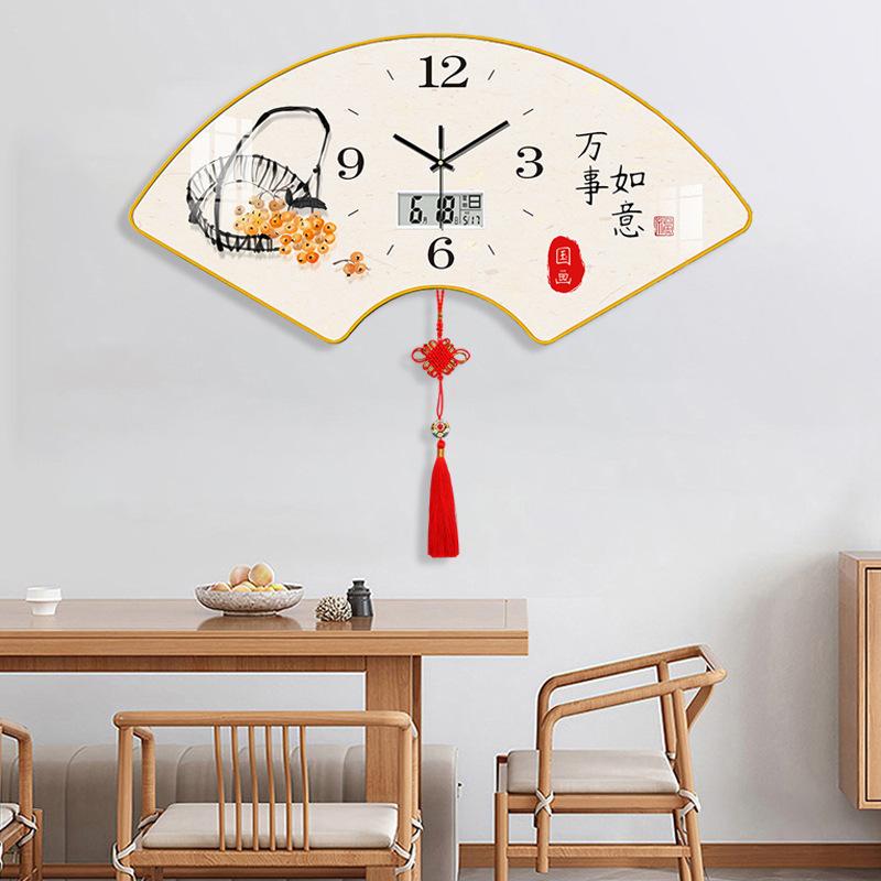 Fan Shape Wall Clock with Calendar Chinese Knot No Punching