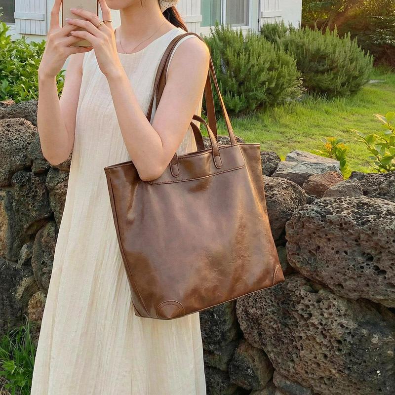 Solid Color Leather Tote Bag with Dual Handles Large Capacity Shoulder Bag for Work and Daily Use