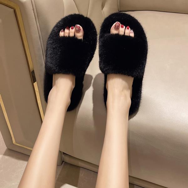 Fashion Fur Shoes Ladies' Slippers Fretwork Heels Big Size Beige Heeled Sandals Plush Soft Black Massage Flat Casual Slides Solid