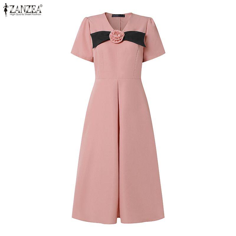 ZANZEA Women Elegant Casual V-Neck Short Sleeve A-Line Dress