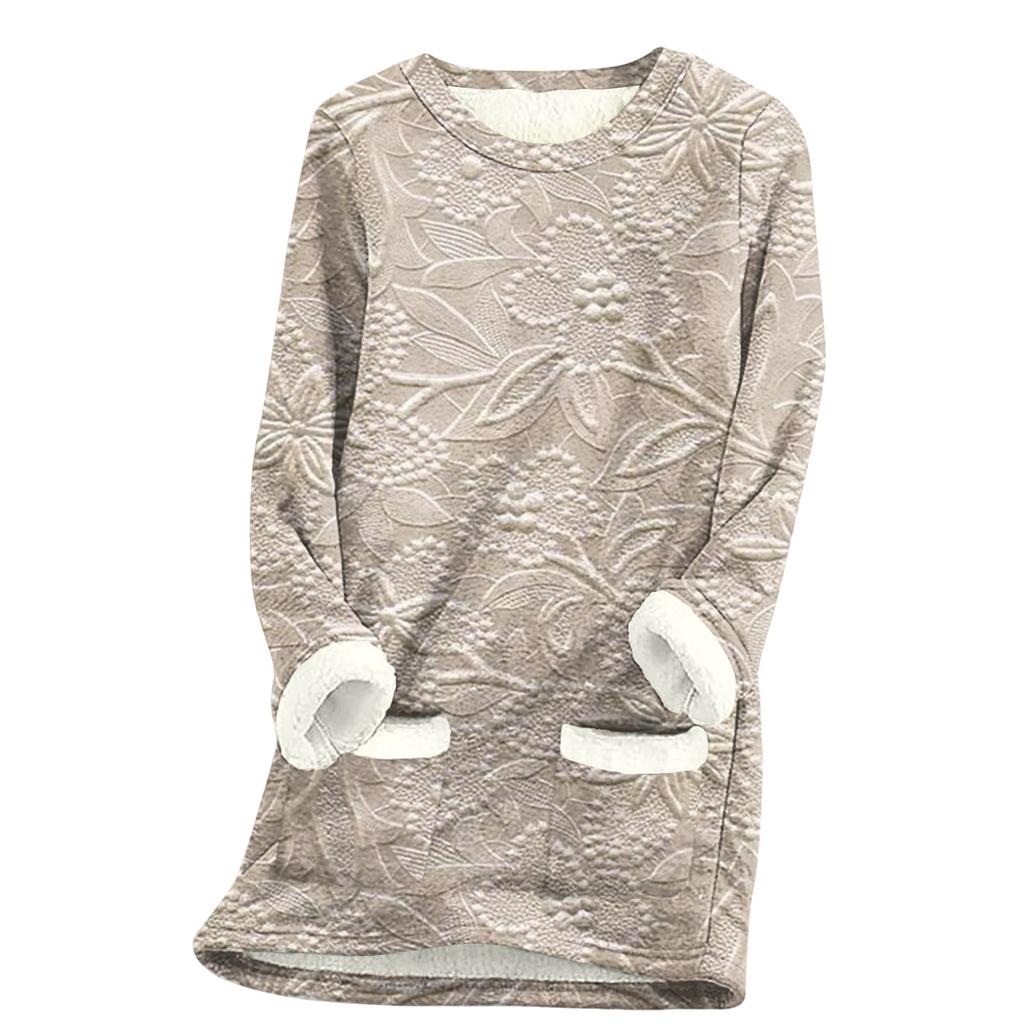 Dame Rundhals Topp Trykk Fortykket Plysj Kasjmir Varm Lang Topp