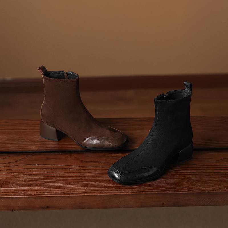 Krazing Pot Sheepskin Flock Winter Square Toe Chunky Heels Chelsea Fashion Boots Women Zip Patch Work Women Ankle Boots