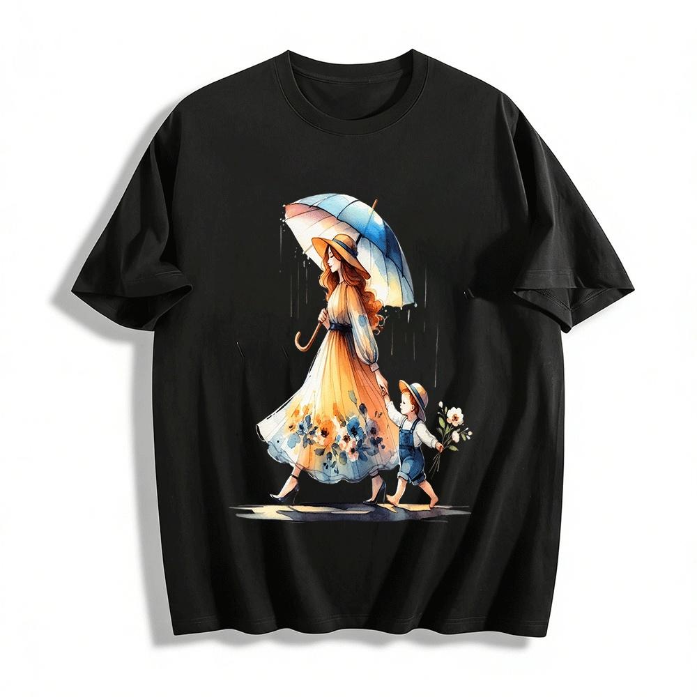 Warm Parent-child Rainy Walk Print Casual Top Pure cotton T-shirt XXS