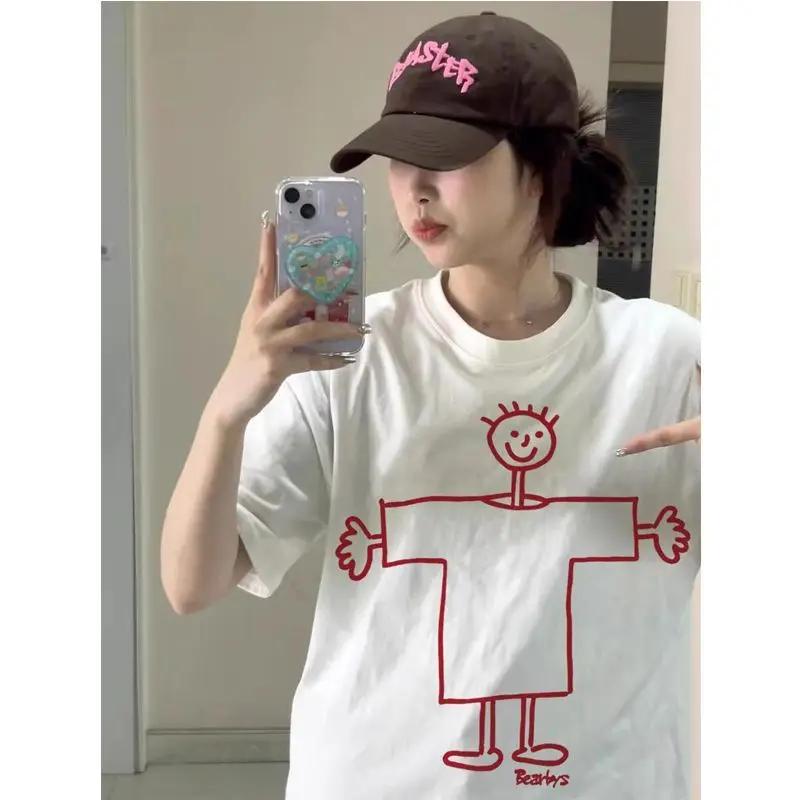 

American Ins Design Sense Printing Niche White Short Sleeve T-shirt Summer Women s 2025 Loose High Street Half Sleeve Top 4XL