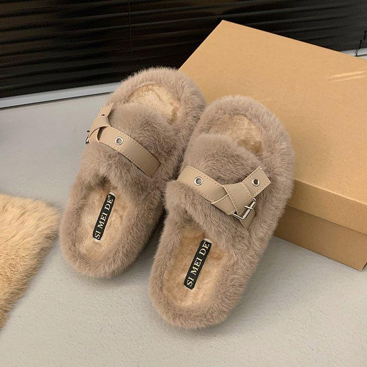 Fashion belt buckle thick bottom Internet celebrity fluffy slippers women's 2025 winter new wear non-slip versatile warm one-word drag