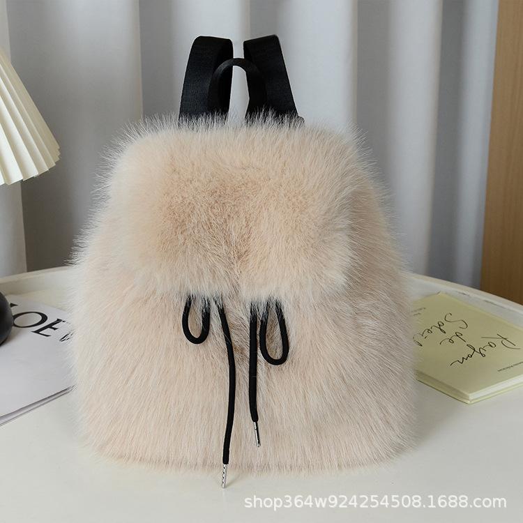 Mochila de Pelúcia Y2k Feminina Pequena Fofa com Cordão Leopardo Fofa Bolsa Macia Liso Lã Mochila de Lã Quente de Inverno Mini Mochila de Pele Sintética