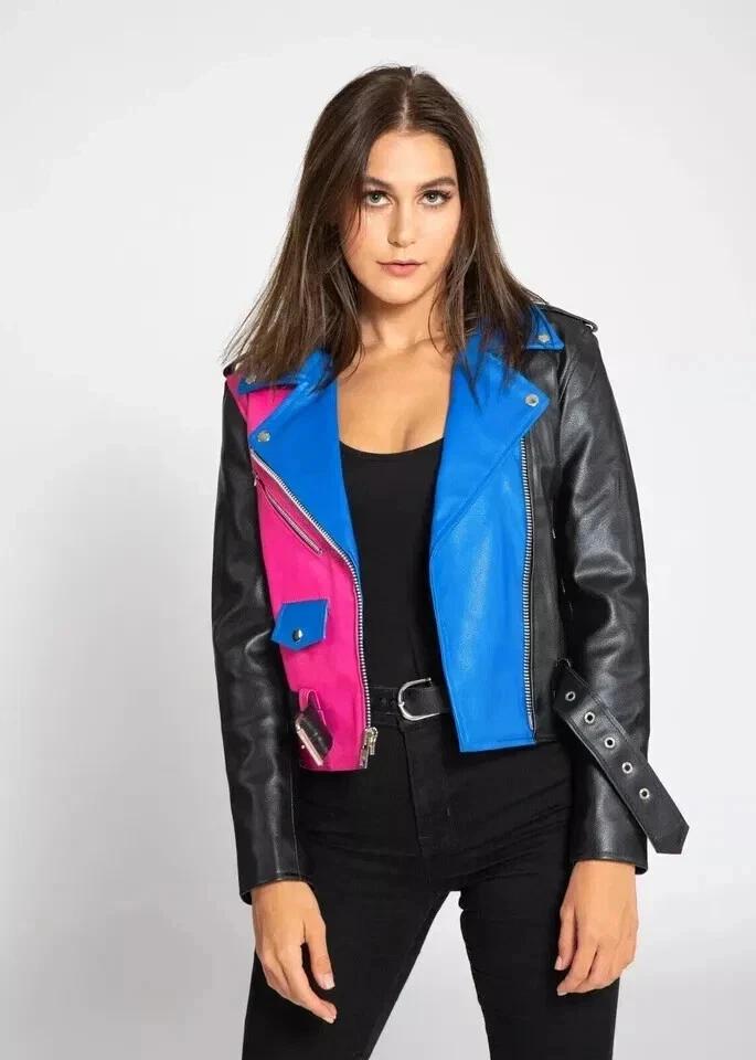 

New Women Jacket Trendy Multicolor Leather Lambskin Handmade Casual Stylish Wear Soft Fit 3XL разноцветный