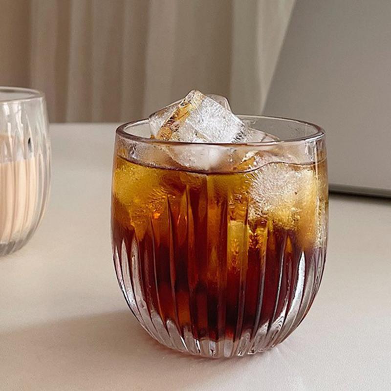 260ml 2pcs Set Transparent Beverage Iced Coffee Latte Cups Vintage Vertical Striped Coffee Cup Wine Glass Drinkware Tea Mug Cafe