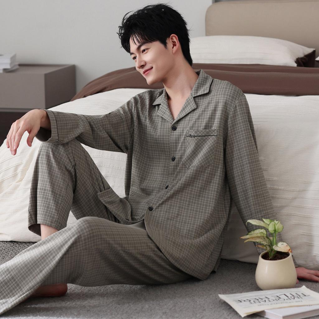 Pajamas Men's Spring and Autumn Cotton Long Sleeve 1011 New Dad Men's Autumn Thin Large Size Loungewear Set