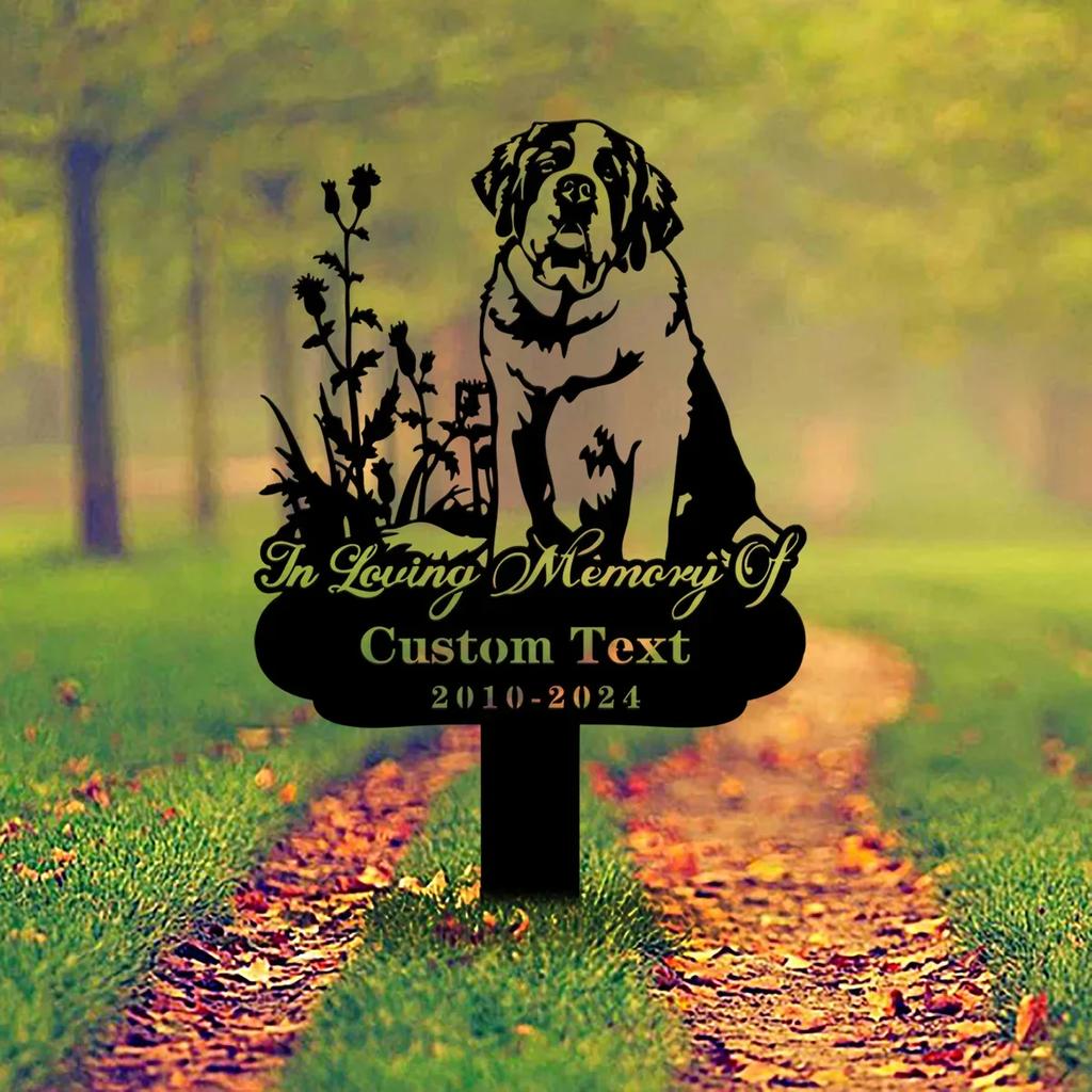 Individueller St. Bernhard Hund Gedenk-Gartenspieß, Personalisierter Metall-Grabstein, Haustierverlust-Geschenk für den Garten