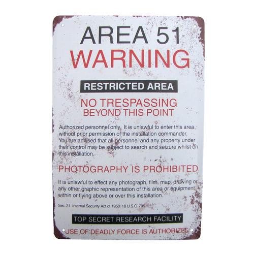 

Metal Area 51 Warning No Trespassing Sign Tin Garage Man Cave Bar Pub Wall DecorAluminum 30x40cm(11.8x15.7inch)