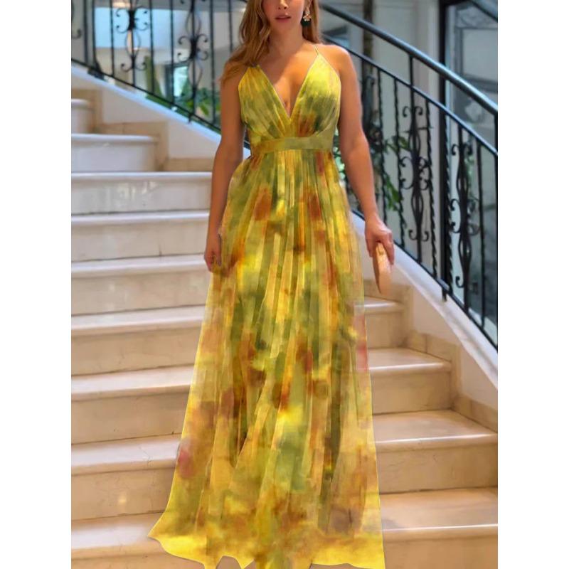 Spring and Summer New Mesh Printing Suspender Dress, Vacation Casual Party Dress