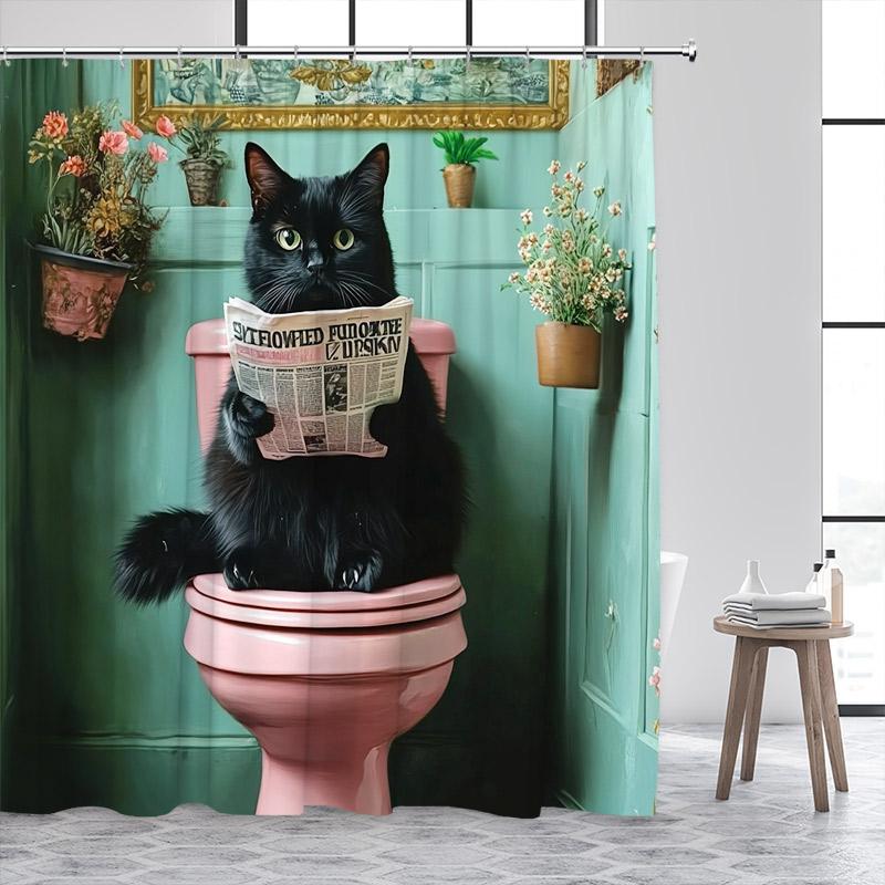 

Смешная шторка для душа с черным котом, милое животное, цветы, бонсай, полиэстеровая ткань, для дома, декоративные занавески для ванной с крючками 90x180cm-35x70in