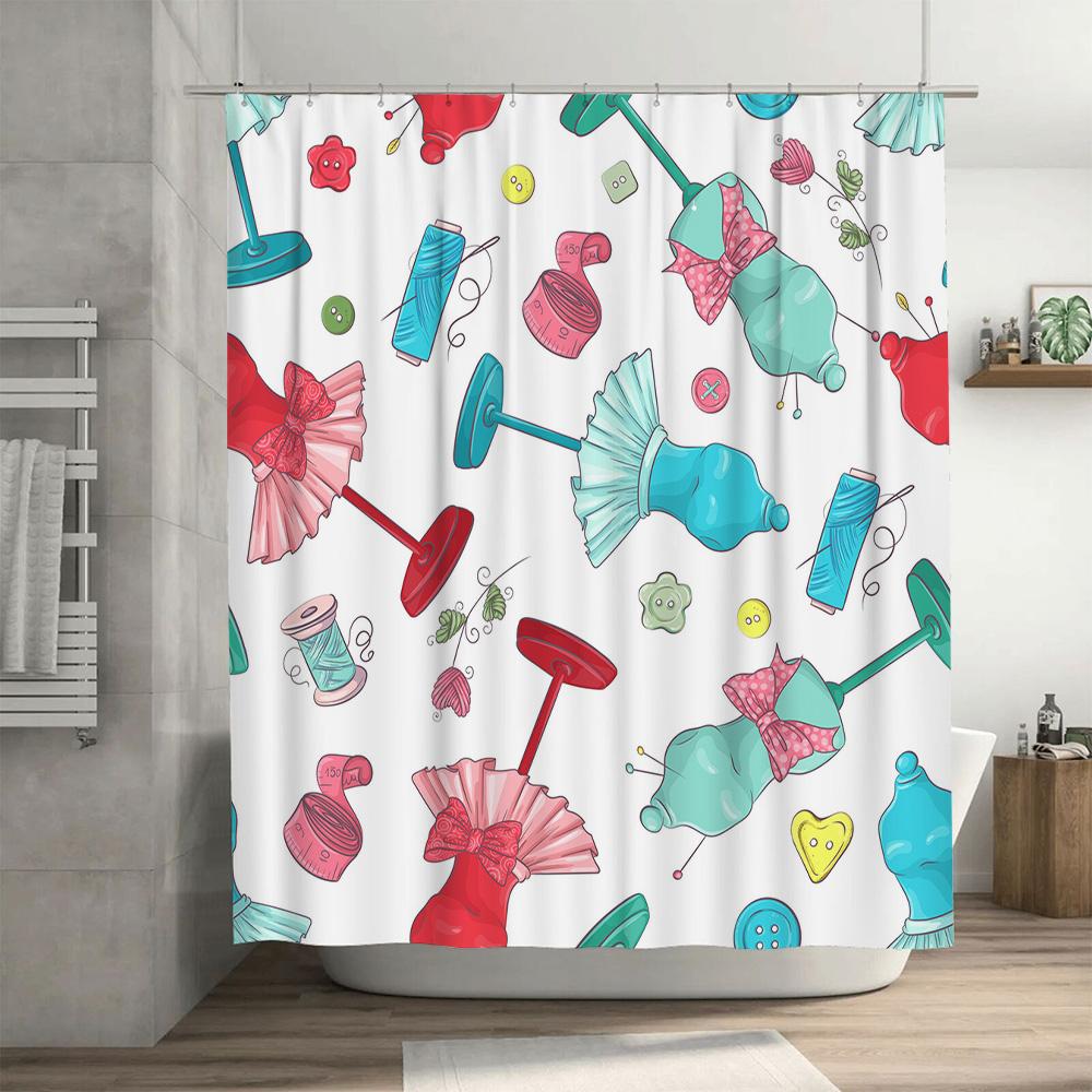 Colorful Sewing Pattern Shower Curtain With Pincushion And Needles Washable Fabric Waterproof Liner For Bathroom Decorations