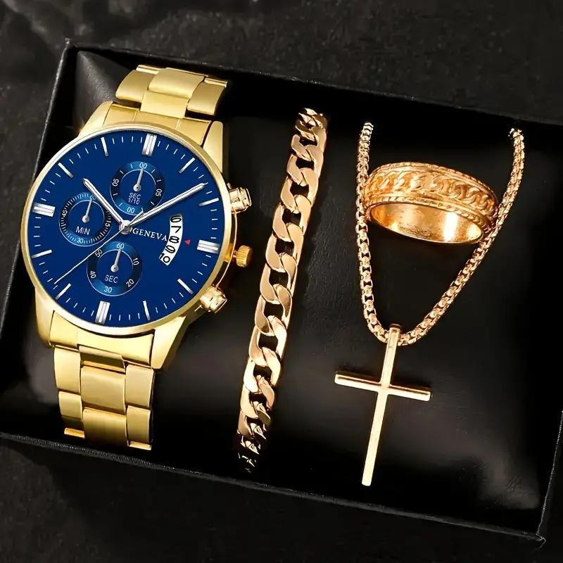 4pcs Luxury Men Business Quartz Watch Gold Roman with Calendar Wrist Watch Cross Necklace Bracelet Ring Set Men's Gift NO BOX