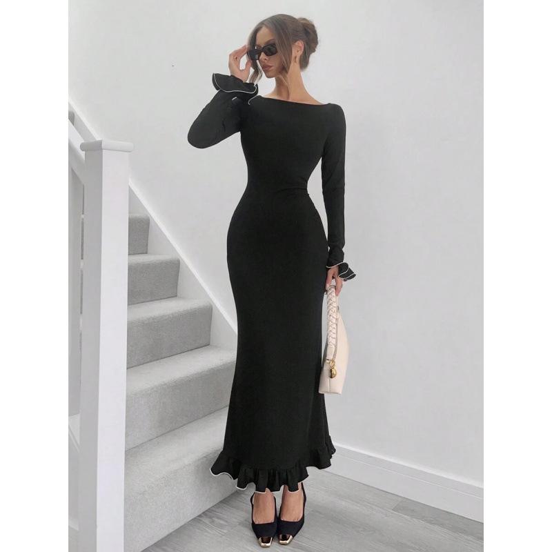European and American autumn elegant slim-fitting crew neck flared sleeve fishtail skirt with ruffle edge long dress XS