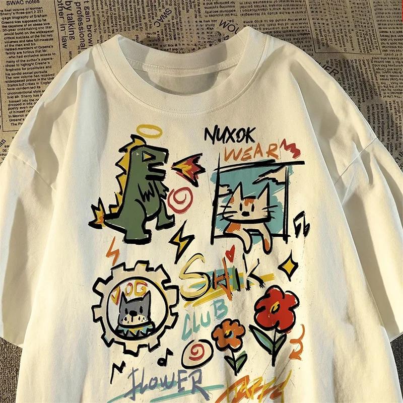 Retro Ins Cartoon Graffiti Print T-shirt Women's Short-sleeved Couple T-shirt Y2K Top Women's Clothing 2025 Graphic T Shirts Y2K