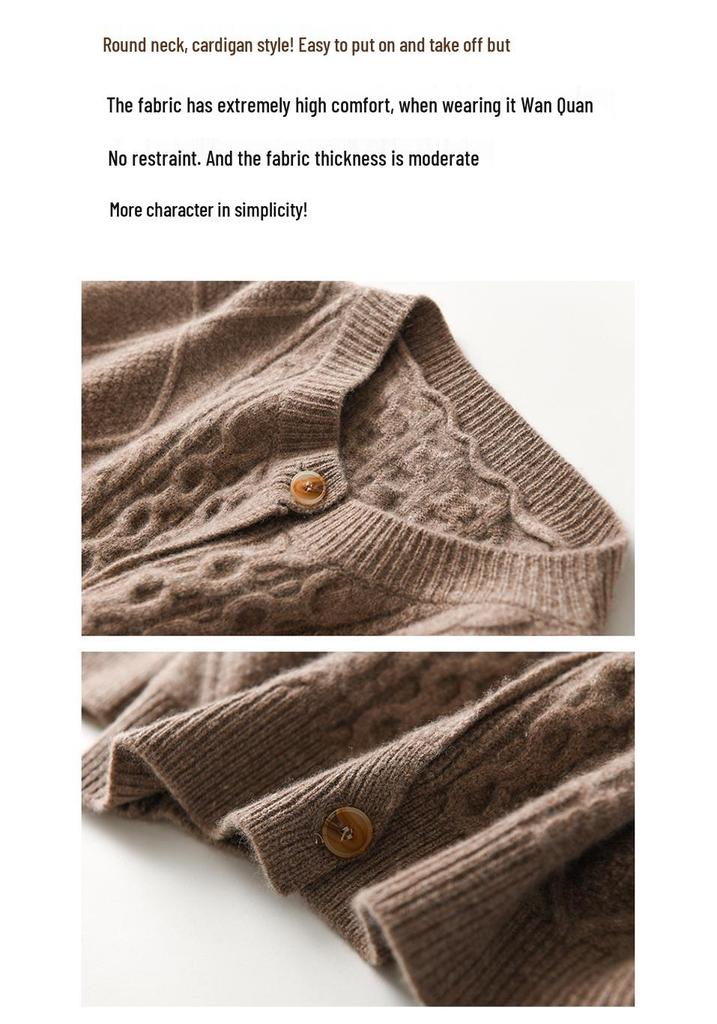 2024 Retro Style Women's Pure Wool Cardigan - Loose Fit, Thick Round Neck Cable Knit Sweater for Autumn/Winter