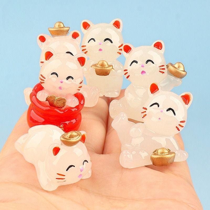 6PCS Creative Glowing Fortune Lucky Cat Micro Landscape DIY Decoration Luminous Cat Mini Figurines Car Office Desktop Ornaments