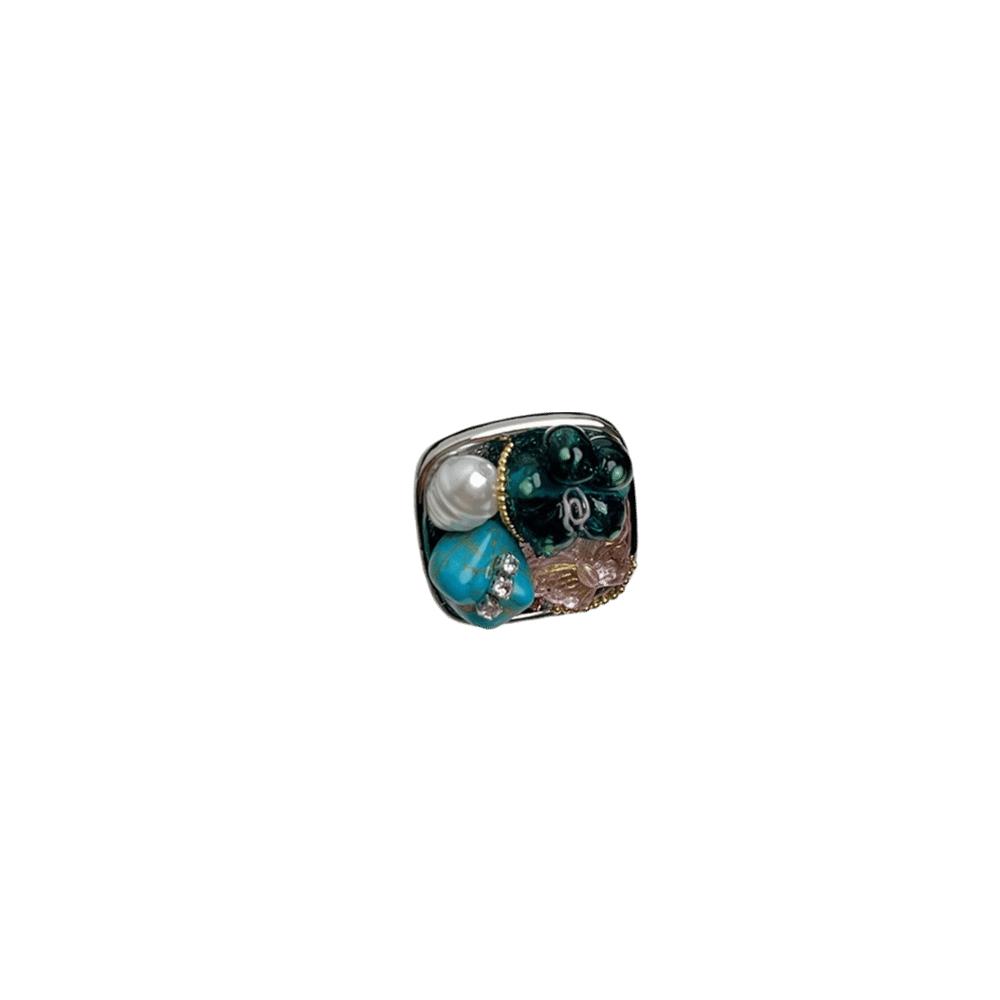 Stackable Glass Flower Ring Rhinestone Western Geometric Ring Fashion Turquoise Rings  Jewelry
