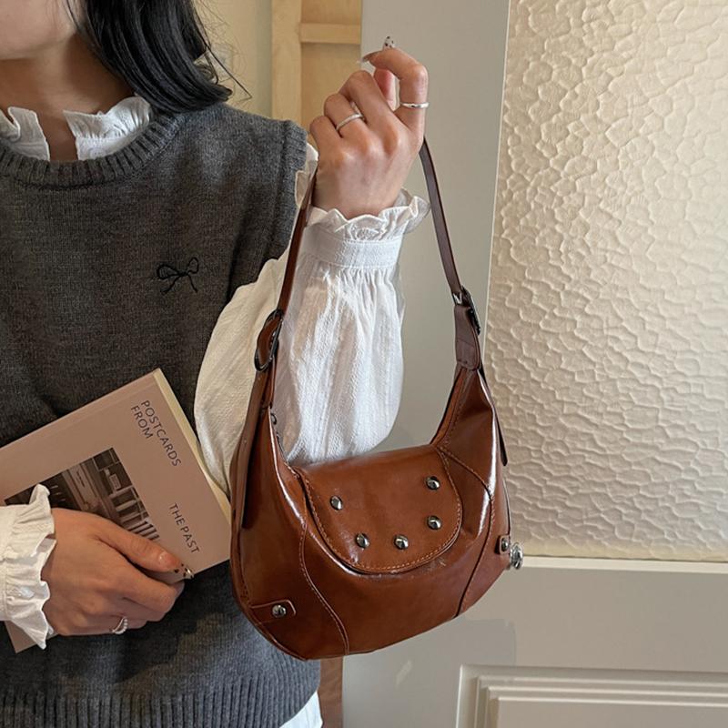 Trendy Fashion Rivet Handbag, High-end Texture Large-capacity Women's Underarm Bag, Retro Design Hobo Crossbody Bag KTB