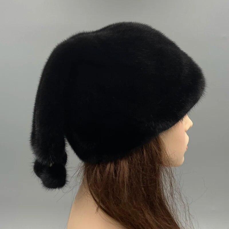 Chapéu de pele de vison natural para mulheres, chapéus quentes de inverno com bolas, chapéu preto luxuoso de natal, cabeça ajustável, tamanho 55-62cm