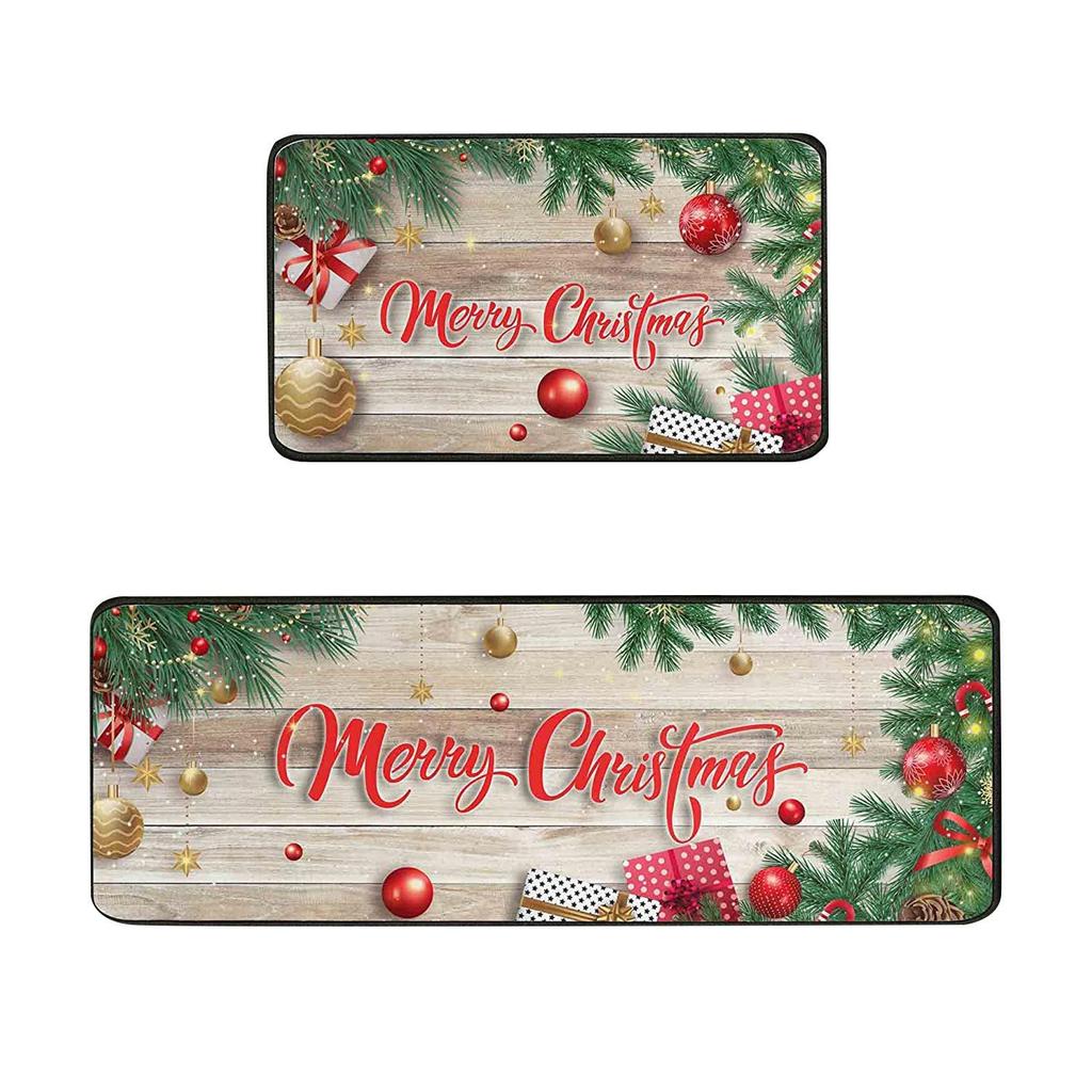 VIKAMA 2pcs Christmas Winter Crystal Velvet Floor Rug Kitchen Non-slip Mat Entrance Welcome Door Mat Holiday Home Decoration